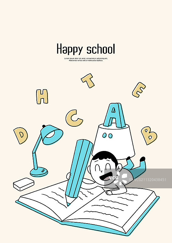 快乐的学校主题插图，微笑的男孩趴在书上写作图片素材