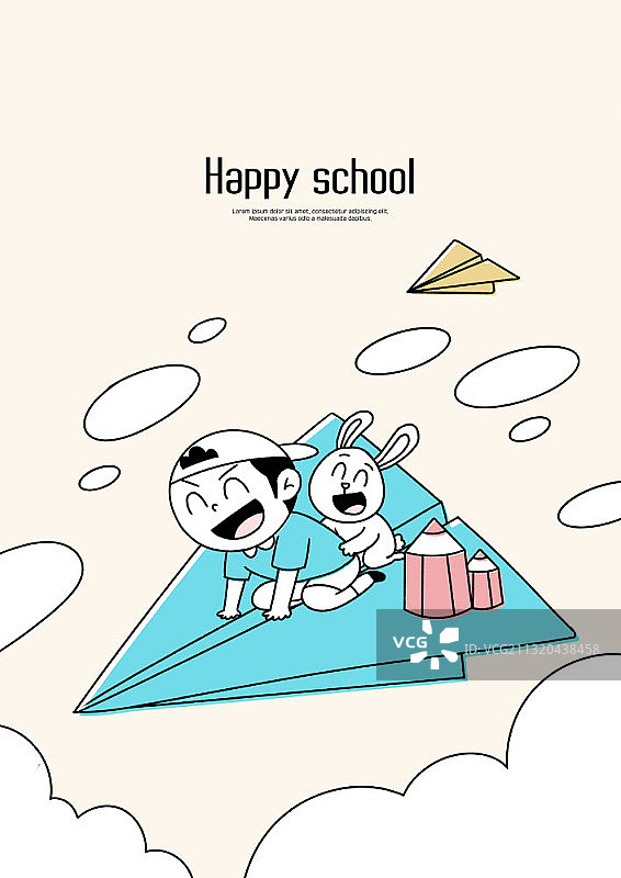 男孩和兔子乘坐纸飞机飞行的快乐校园主题插画图片素材