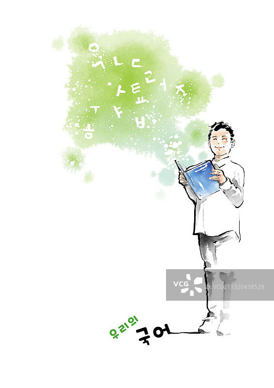 水墨画男孩在韩语课上读书图片素材