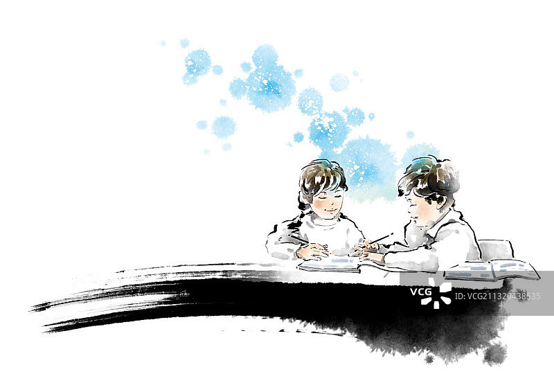 孩子们在课堂上学习，男孩帮助女孩的水墨画图片素材