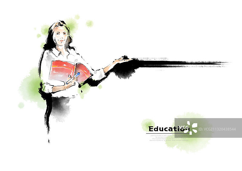 水墨画：教师持书握笔指点图片素材