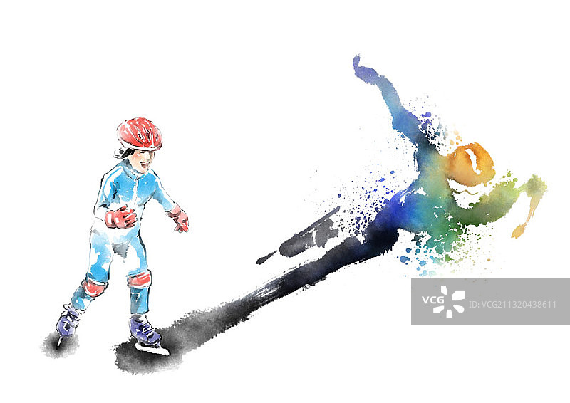 墨水水墨画：男孩滑冰与速滑运动员的影子图片素材
