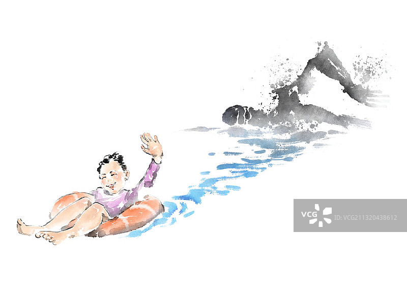 水墨画：女孩在游泳圈上，有游泳者的影子图片素材