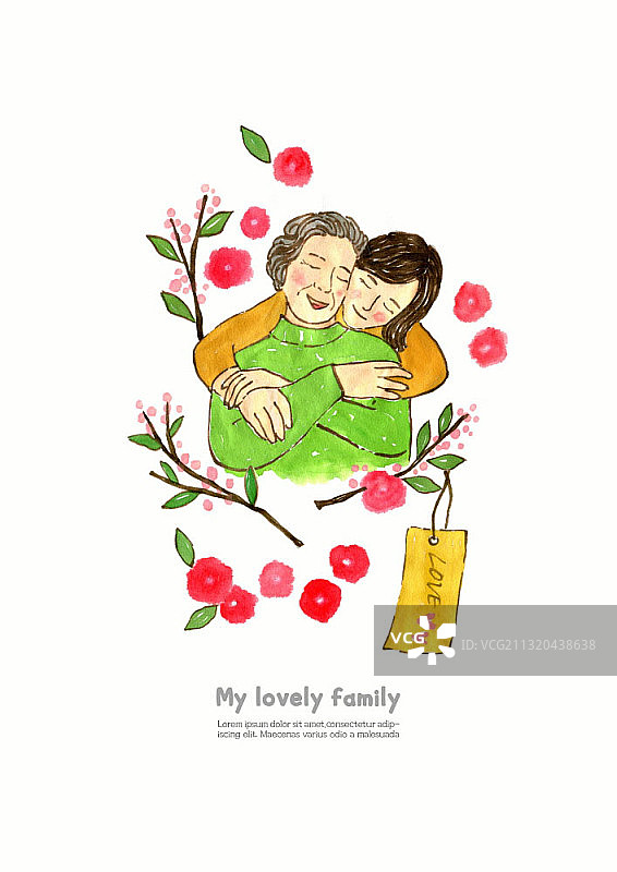 女性从背后拥抱母亲和康乃馨鲜花的插画图片素材