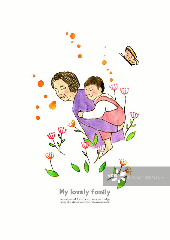 奶奶背着睡着的孙子和鲜花插画图片素材