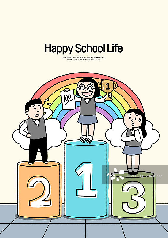 孩子们站在领奖台上，快乐的校园生活主题插画图片素材