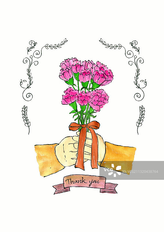 手捧鲜花和感谢信息的插画图片素材