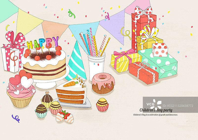 儿童节主题派对蛋糕礼盒插画图片素材