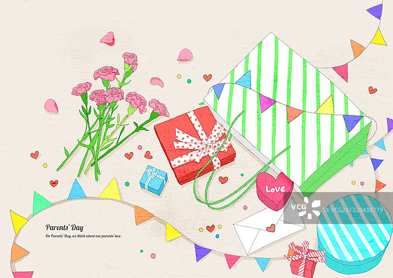 购物袋中康乃馨旁的礼品盒和信件，献给父母的礼物图片素材