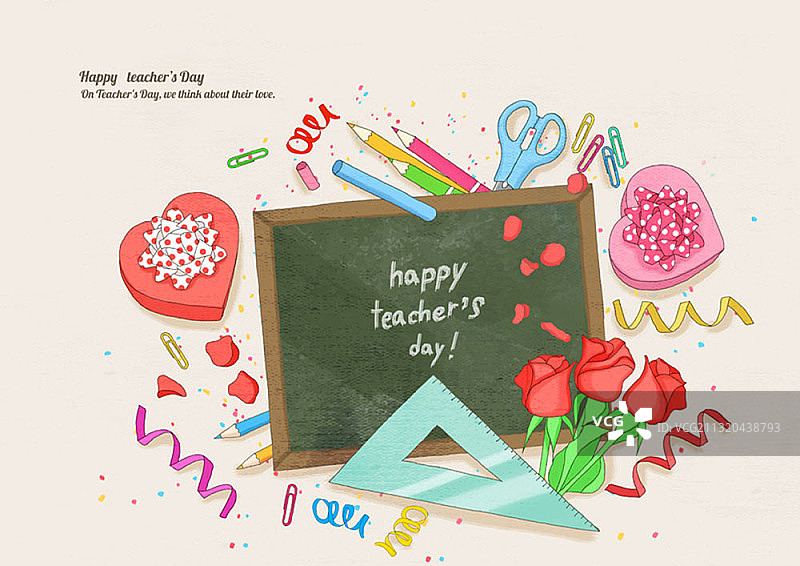 教师节黑板旁的礼物和文具、玫瑰插画图片素材