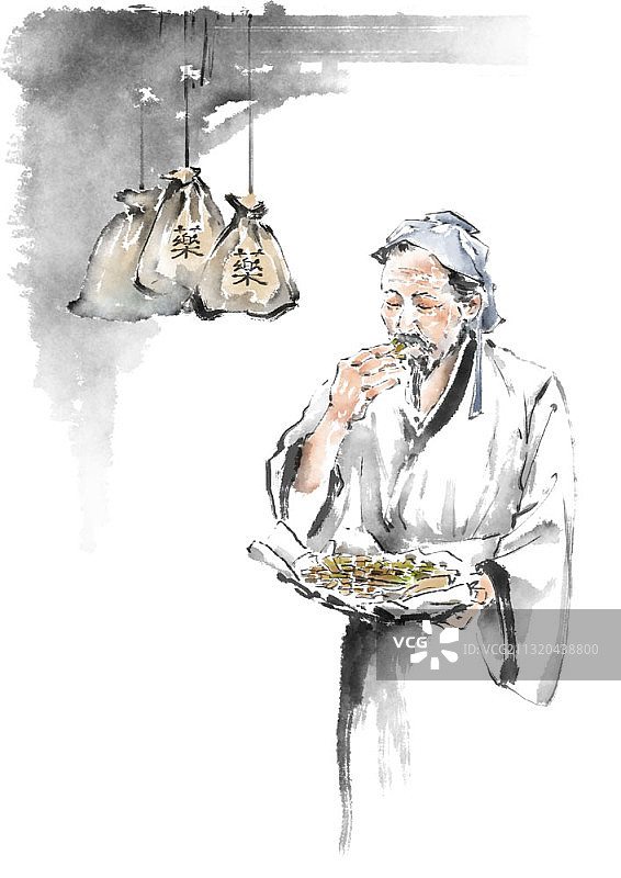 水墨画：年长的男人拿着草药篮图片素材