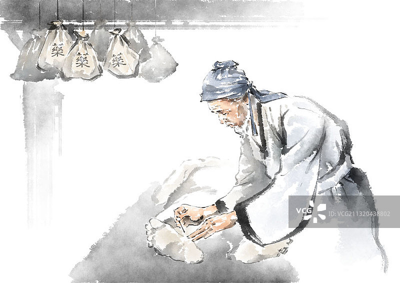 水墨风老人针灸足部图片素材