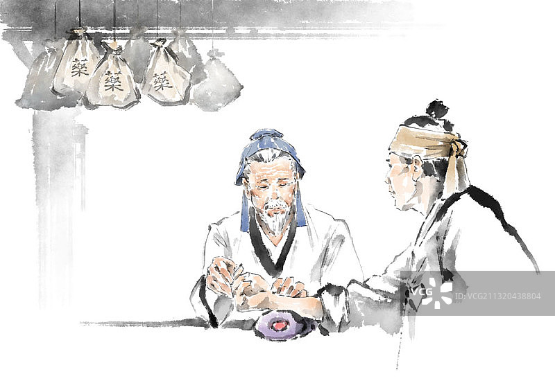 水墨画的年长医学医生检查脉搏的男人图片素材