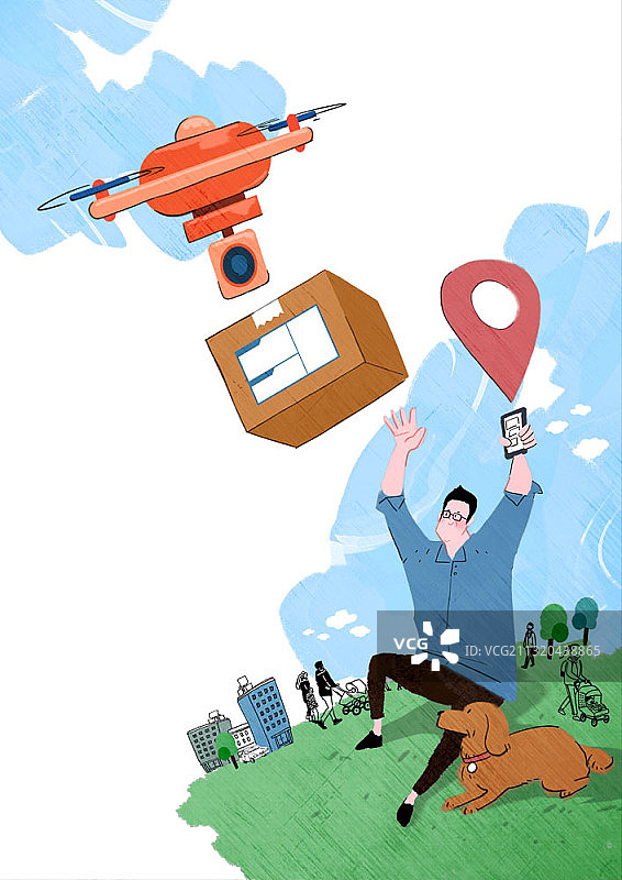 男人坐在草地上，无人机给他的狗送货图片素材