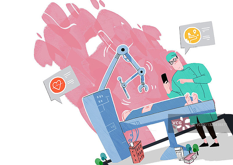 医生使用机械和自动化系统进行手术的插画图片素材