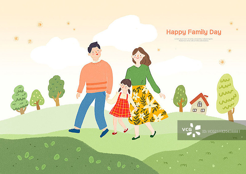 家庭日主题插画：一家人在山上散步图片素材