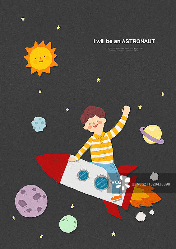 男孩骑着火箭在太空中飞翔，想成为宇航员的插图图片素材
