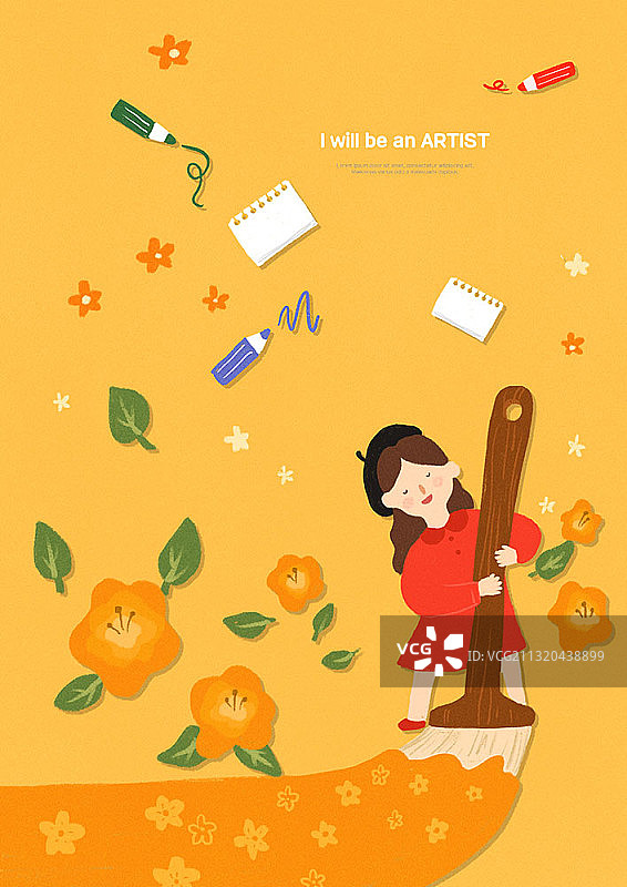 拿着画笔想成为艺术家的女孩插画图片素材