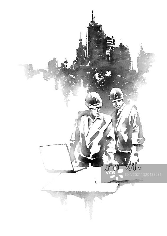 水墨画：建筑工人看图纸和建筑图片素材
