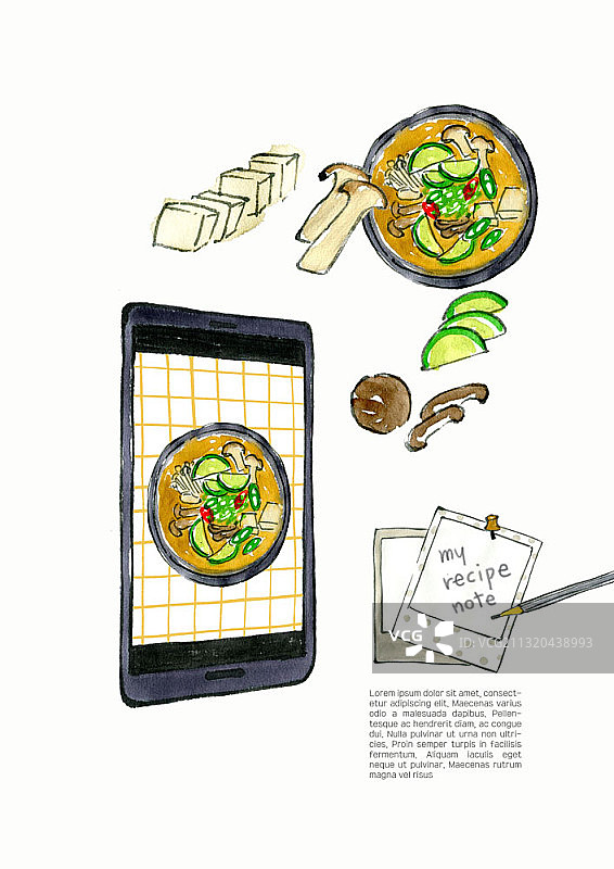 大酱汤食材和食谱与智能手机插图图片素材