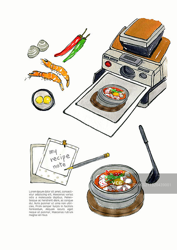 韩式嫩豆腐汤食材与食谱插画图片素材