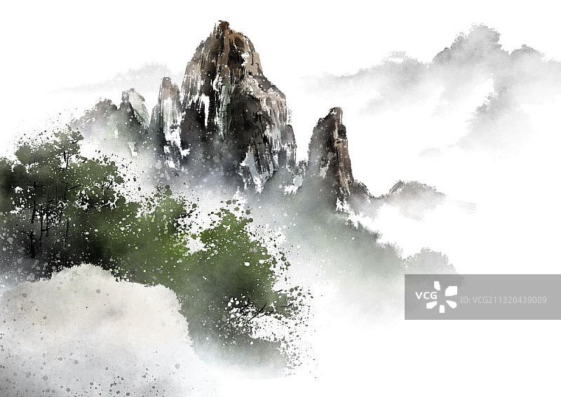 水墨画：山间树木图片素材