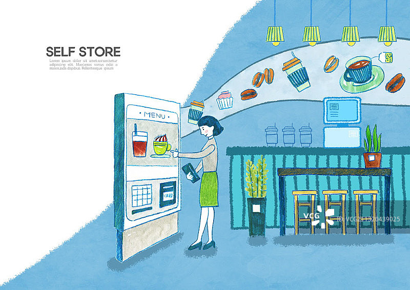 女人在咖啡馆自助选咖啡插画图片素材