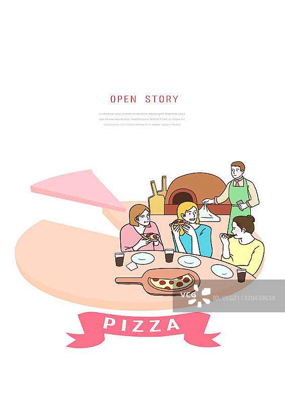 三个女人吃柴火烤箱披萨的插画图片素材