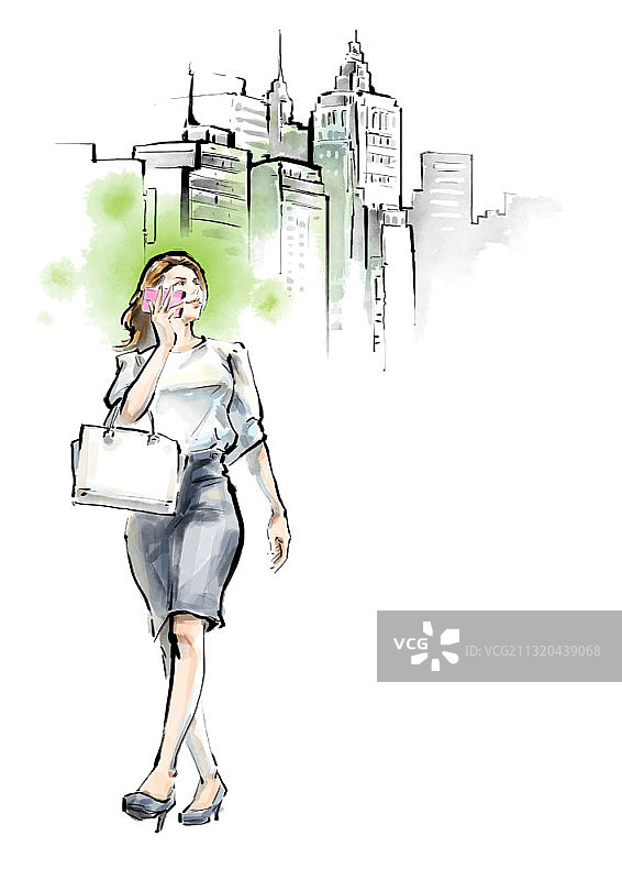 水墨画：商务女性在建筑物外打电话图片素材