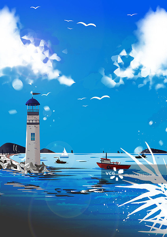 灯塔和海上船只插画图片素材