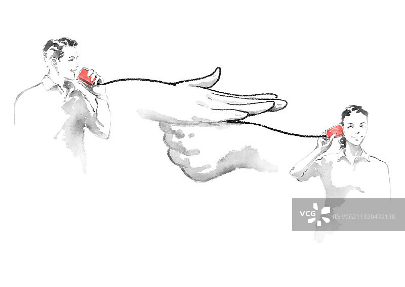 手语和用罐头电话交谈的两人水墨画图片素材