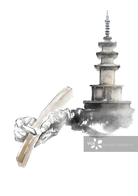 水墨画：人手与传统宝塔图片素材