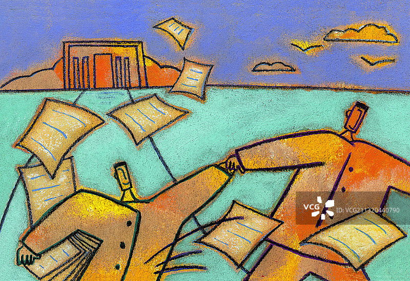 两人扔着纸奔跑的插图图片素材