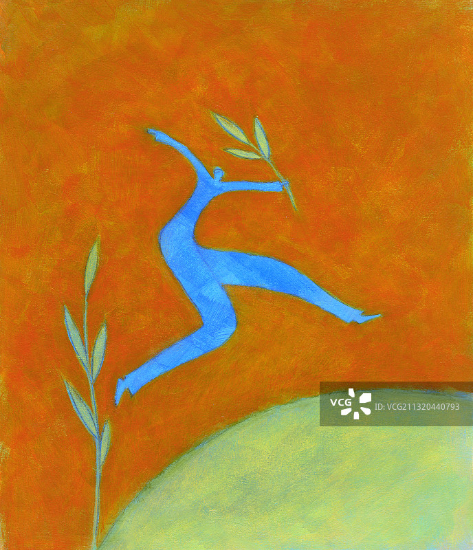 在地球上跳跃时手持树枝的男人插画图片素材