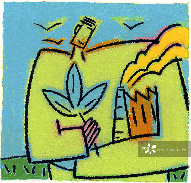 手捧冒烟工厂和植物的男人插画图片素材