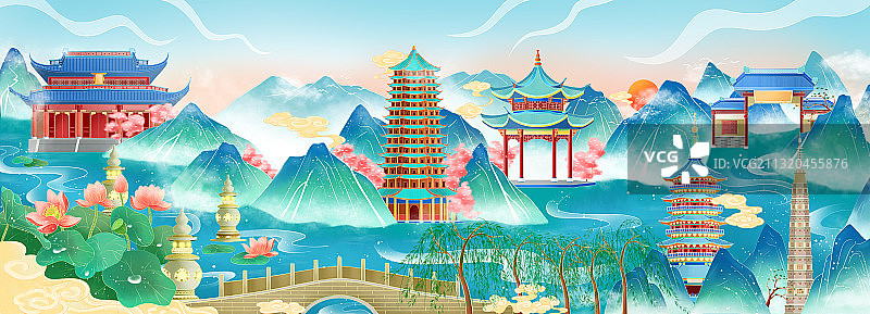 杭州城市建筑中国风插画图片素材
