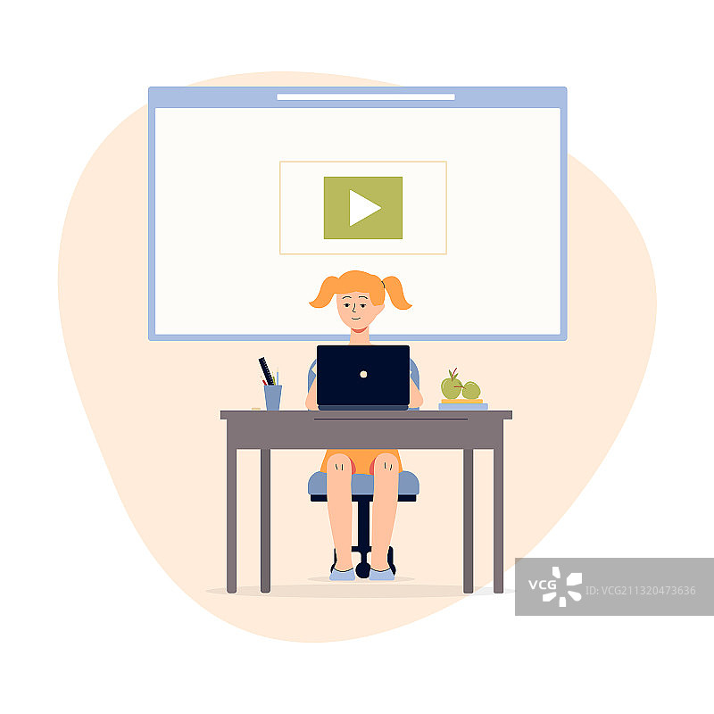 参加在线课程的女孩（扁平风格）图片素材