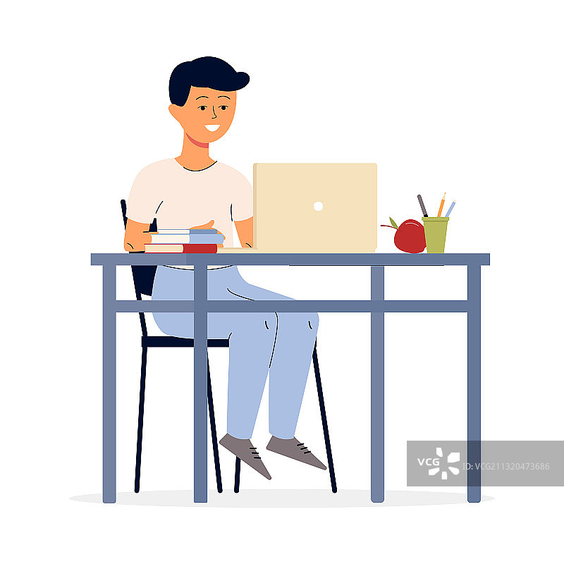 在家用电脑学习的青少年扁平风格图片素材