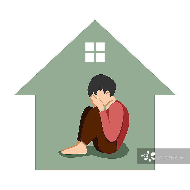 悲伤的男孩独自在家遮住脸图片素材