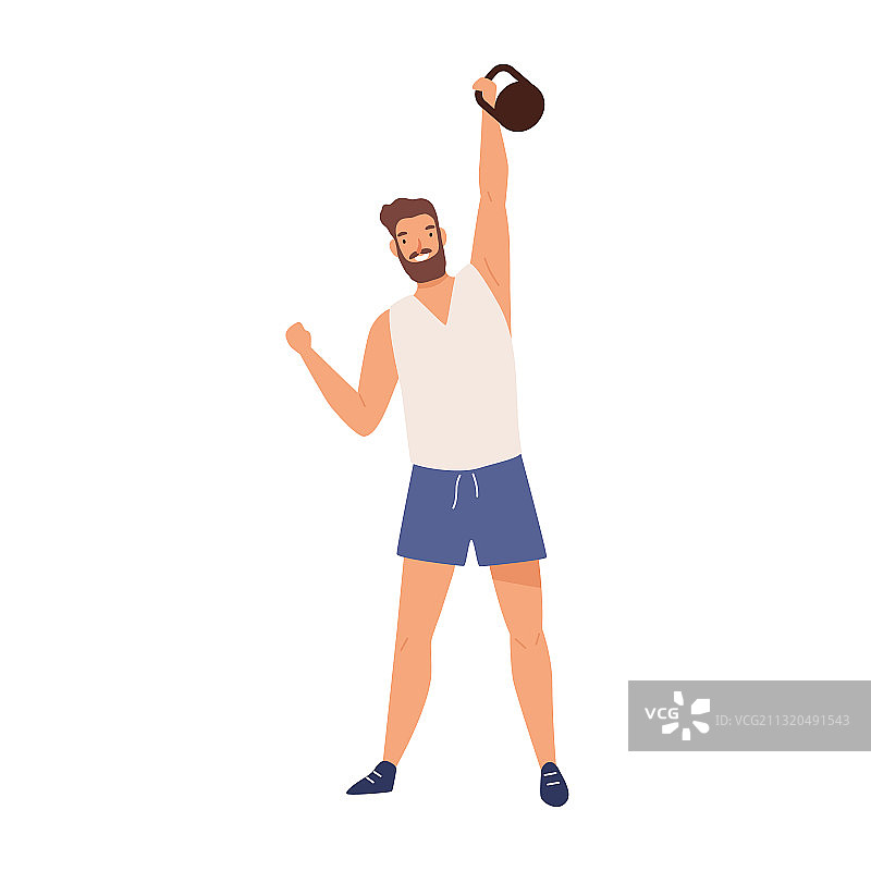 健壮男人举壶铃展示力量图片素材