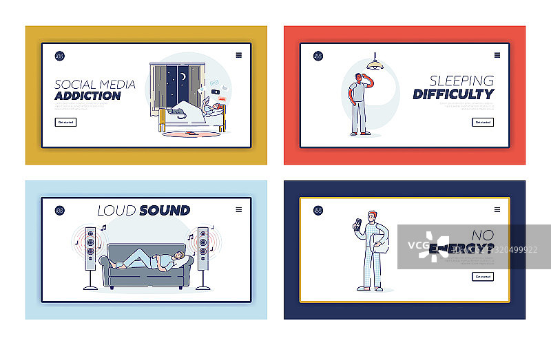 与不良习惯和失眠相关的着陆页套装图片素材