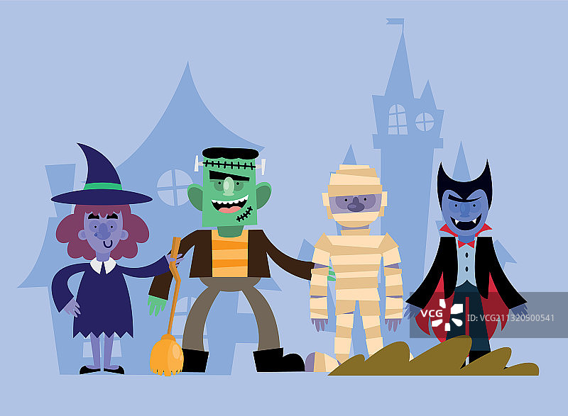 万圣节：科学怪人、女巫、木乃伊和吸血鬼图片素材