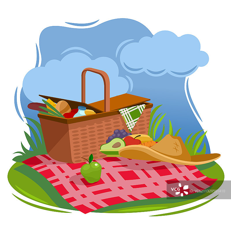 卡通彩色夏季野餐篮概念图片素材