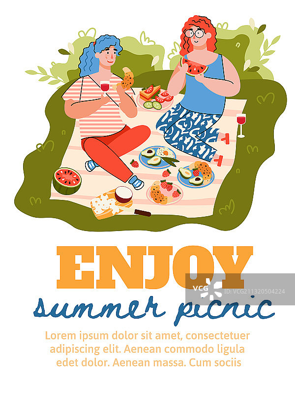 女性享受美食的夏季野餐卡片图片素材