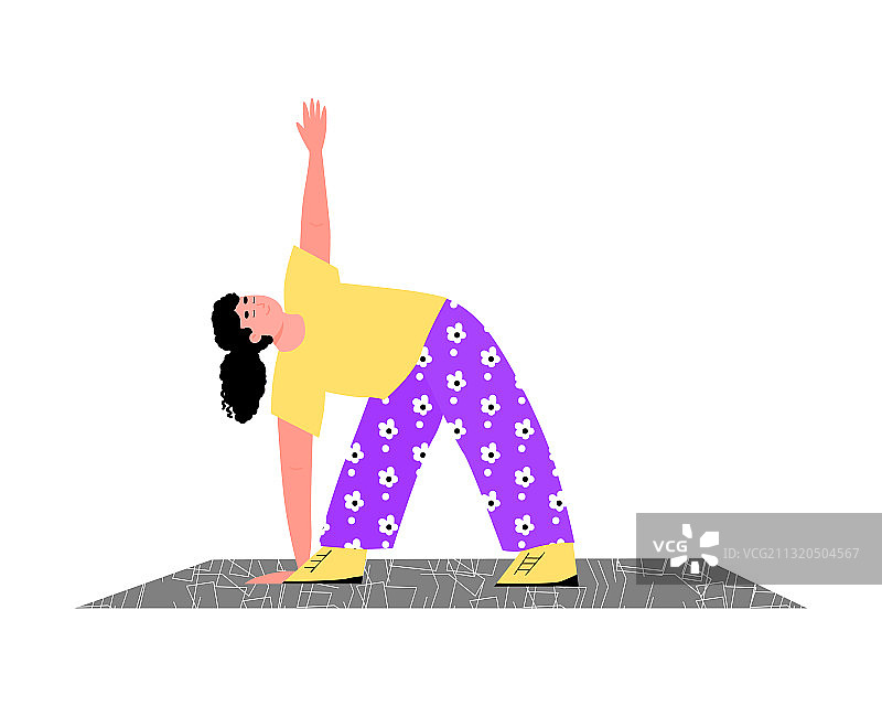 女孩在家做健身或瑜伽的卡通图片素材