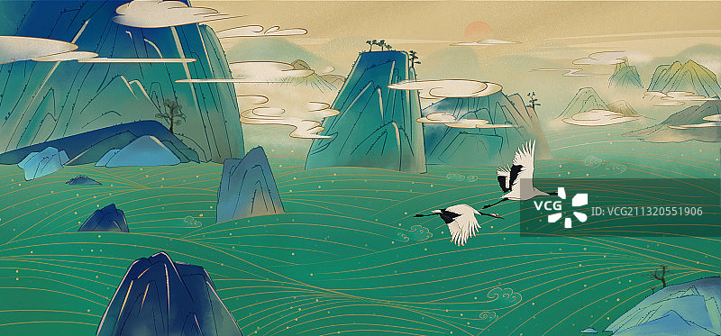 工笔风格的山水画图片素材