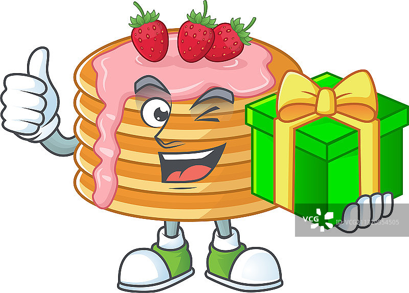 手持礼品盒的微笑草莓奶油薄煎饼图片素材