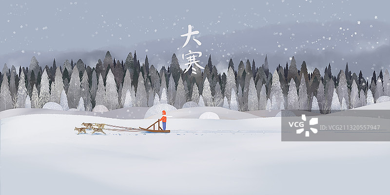 大雪纷飞的雪山下有雪橇路过图片素材