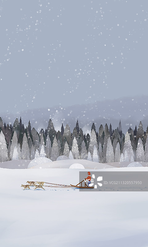 大雪纷飞的雪山下有雪橇路过图片素材