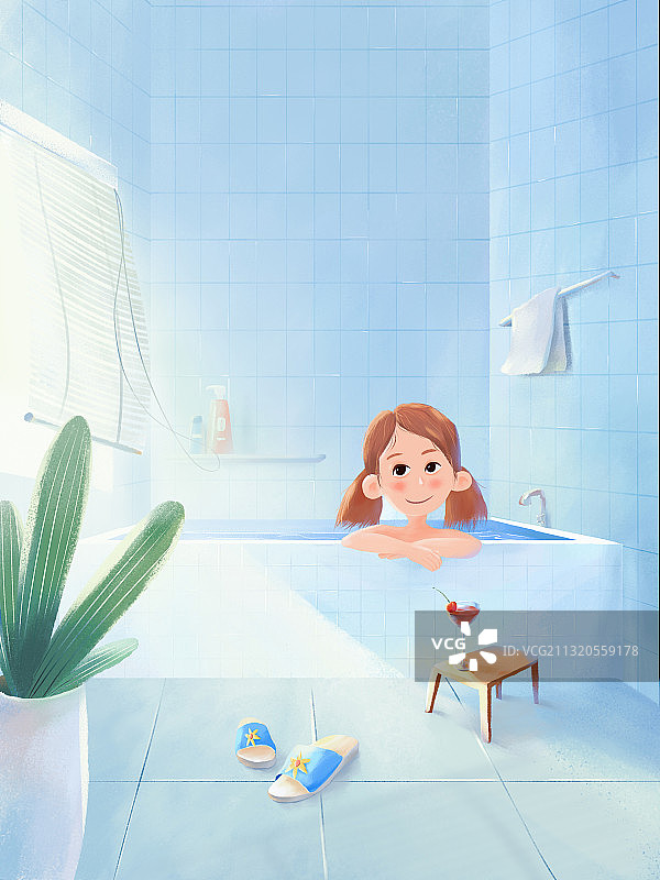 一个女生在浴室里泡澡图片素材